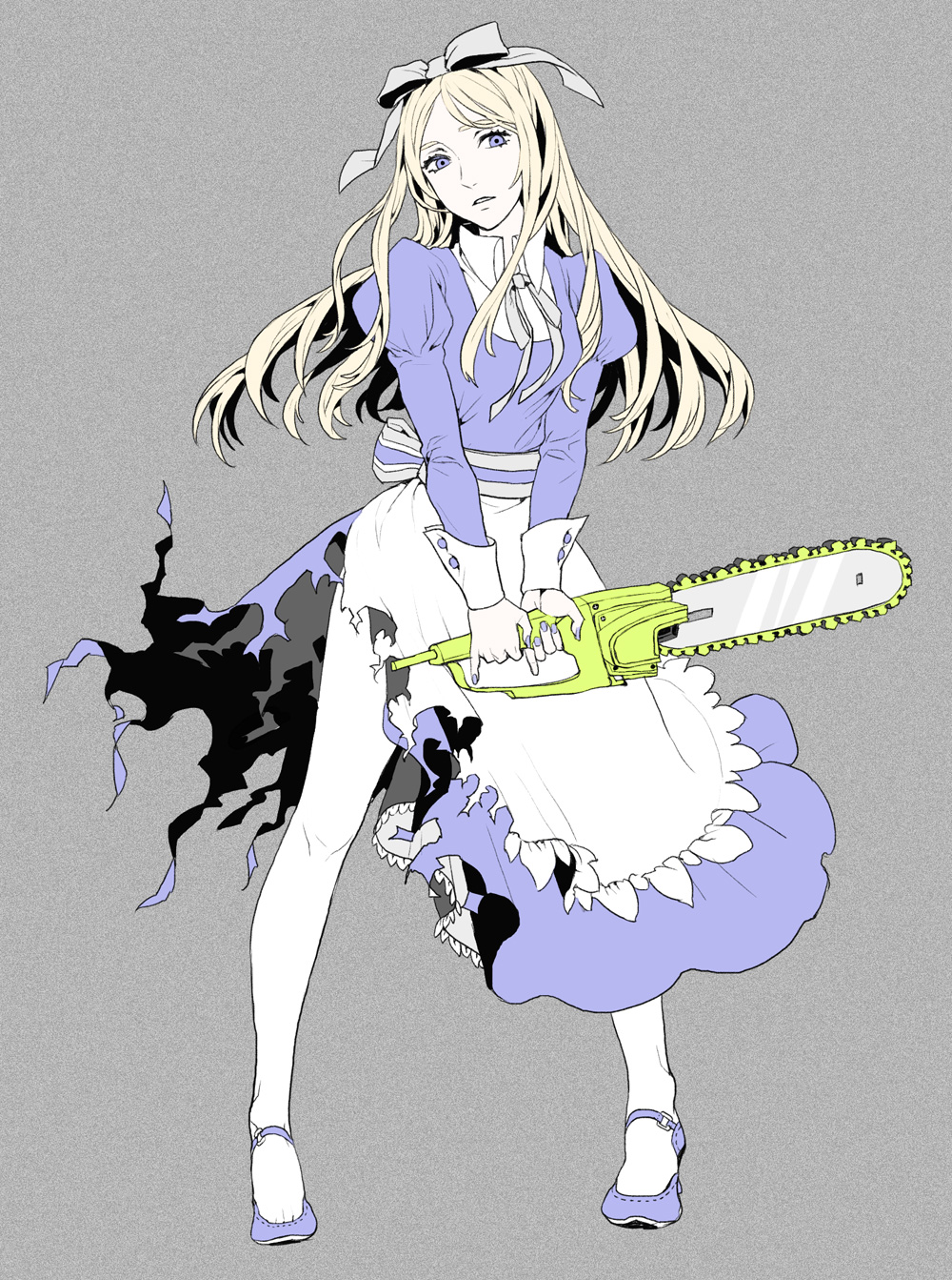 takase (harakiri), belarus (hetalia), axis powers hetalia, silver hair, highres, 00s, 1girl, apron, blonde hair, blue eyes, bow, chainsaw, dress, female focus, goth fashion, hair ribbon, lingerie, long hair, mary janes, nail polish, pale skin, pantyhose, petticoat, ribbon, shoes, solo, torn clothes, underwear, white pantyhose