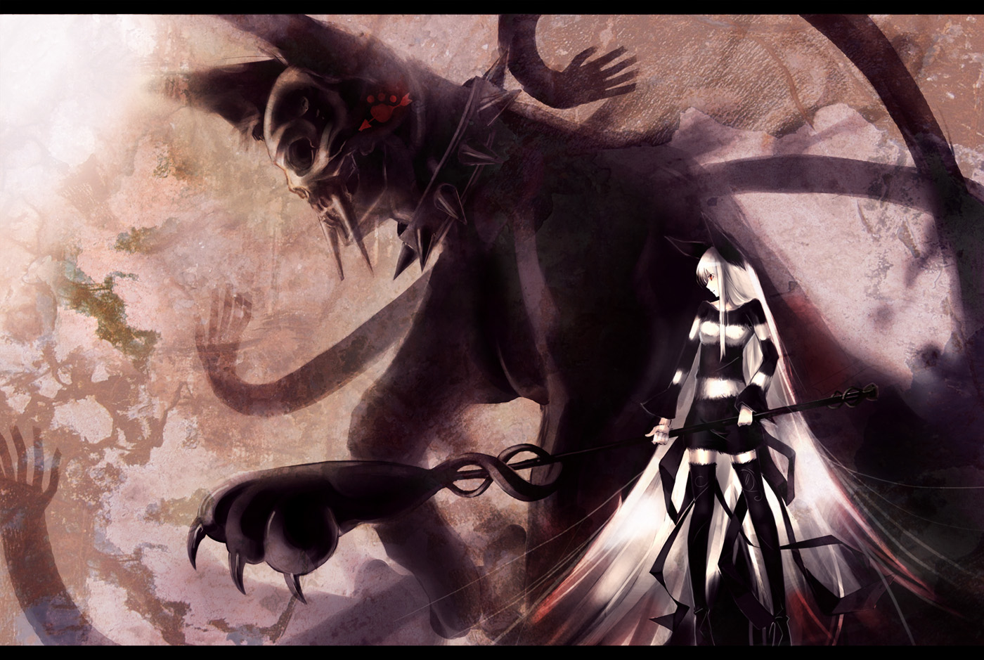 tomasu, tsurukame, 1girl, animal ears, blonde hair, cat, claws, fang, fangs, female focus, letterboxed, long hair, midriff, navel, ribbon, shirt, skull, solo, staff, sun, tail, very long hair