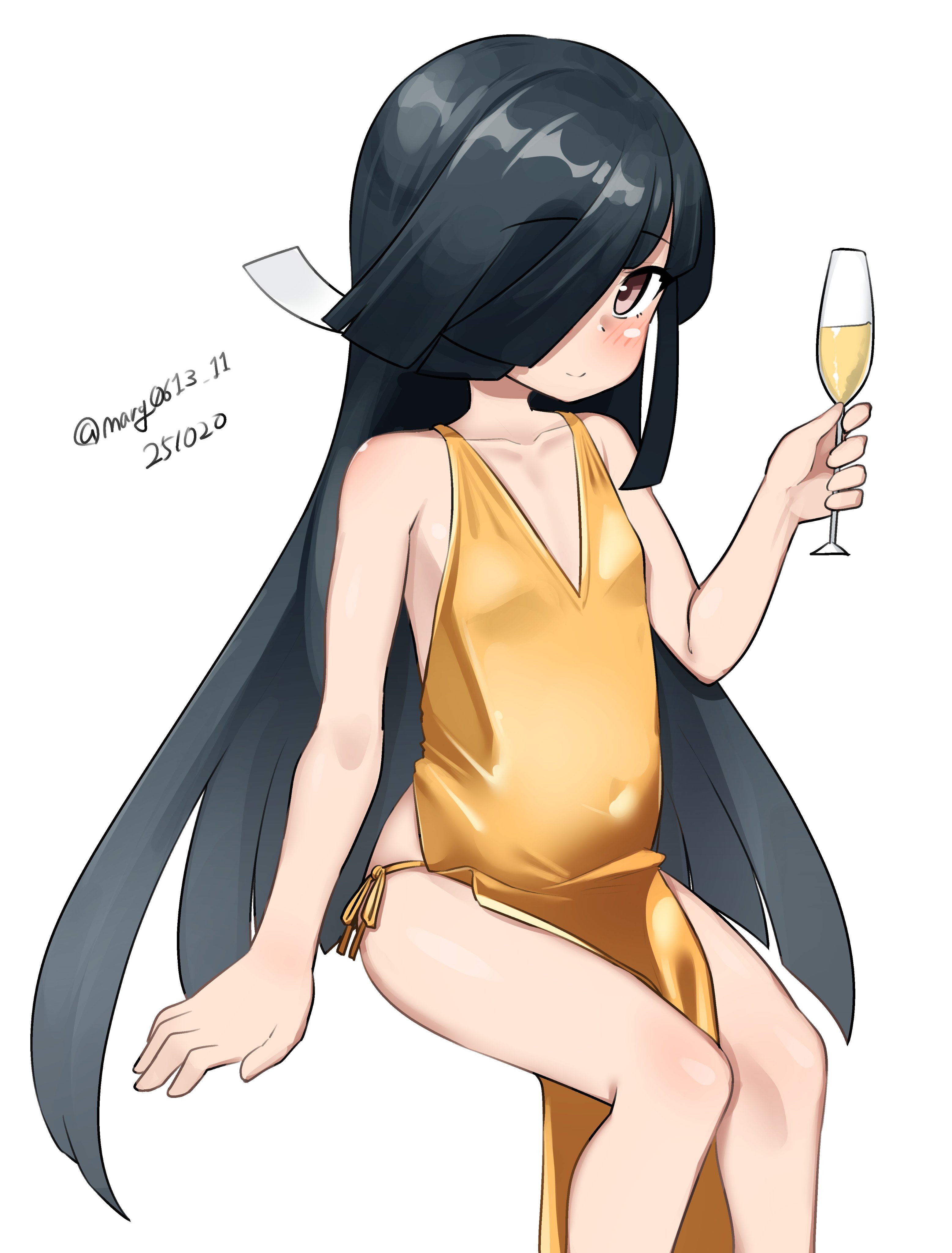 maru (marg0613), hayashimo (kancolle), kantai collection, absurdres, highres, 1girl, aged down, alternate breast size (smaller), bikini, black hair, brown eyes, champagne flute, collarbone, cup, dated, drinking glass, feet out of frame, gold bikini, hair over one eye, invisible chair, long hair, one-hour drawing challenge, side-tie dress, simple background, sitting, solo, swimsuit, twitter username, white background
