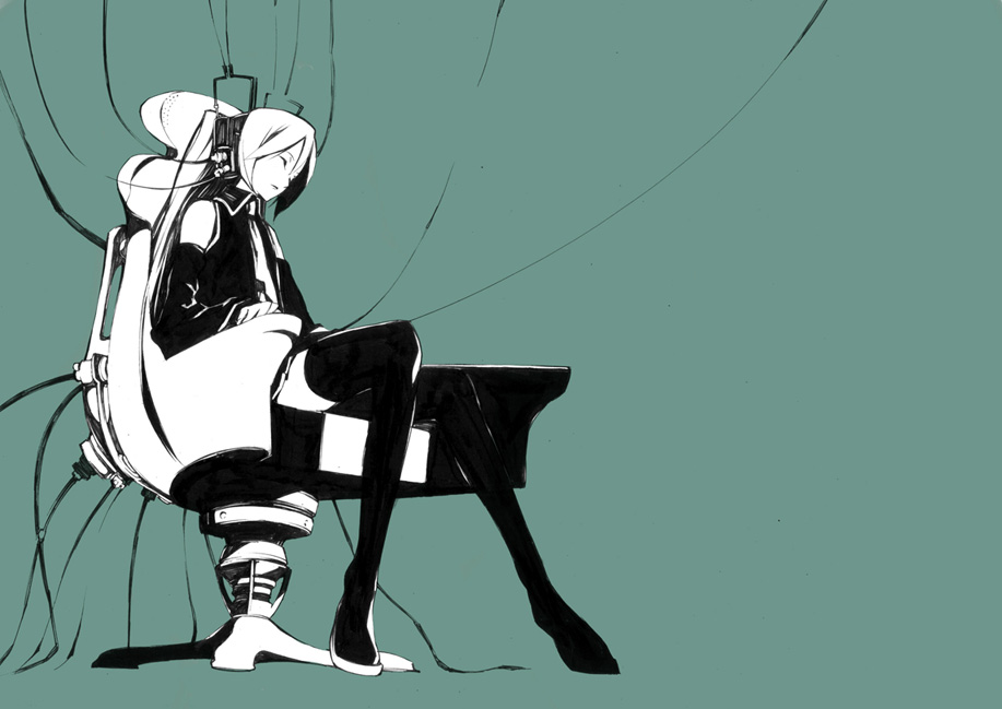 onigunsou, hatsune miku, vocaloid, 1girl, cable, chair, closed eyes, female focus, green background, high contrast, monochrome, sitting, solo, thighhighs, wire