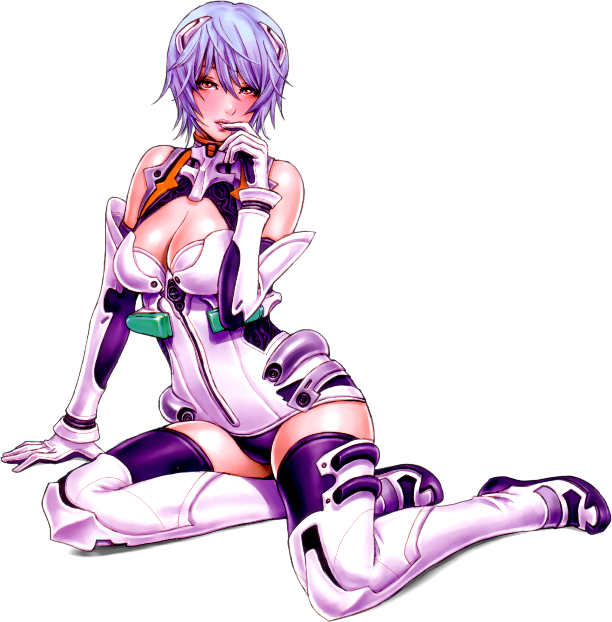 yamashita shun'ya, ayanami rei, neon genesis evangelion, biting finger, duplicate, highres, 1girl, adapted costume, aged up, arm support, biting, blue hair, blush, boots, bracer, breasts, cleavage, cleavage cutout, clothing cutout, curvy, elbow gloves, female focus, from side, full body, gloves, hair between eyes, half-closed eyes, halterneck, hip focus, invisible chair, kneeling, large breasts, leaning to the side, leotard, lipstick, makeup, mecha pilot suit, naughty face, plugsuit (evangelion), red eyes, short hair, sitting, solo, thigh boots, thighhighs, thighs, transparent background, white boots, white thighhighs, wide hips, zettai ryouiki
