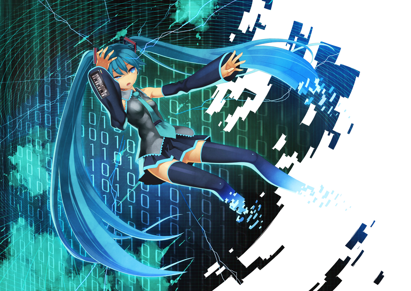 kunieda, hatsune miku, hatsune miku no shoushitsu (vocaloid), vocaloid, binary, blue eyes, blue hair, detached sleeves, digital dissolve, dissolving, long hair, necktie, skirt, solo, tears, thighhighs, twintails, zettai ryouiki