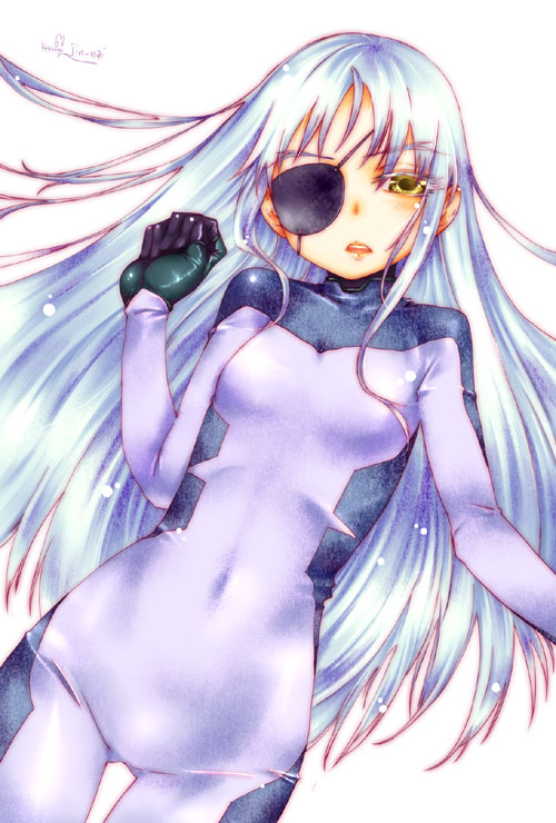 jin nai, cinque (nanoha), numbers (nanoha), lyrical nanoha, mahou shoujo lyrical nanoha, mahou shoujo lyrical nanoha strikers, silver hair, 00s, 1girl, bodysuit, eyepatch, female focus, flat chest, gloves, long hair, purple bodysuit, solo, yellow eyes