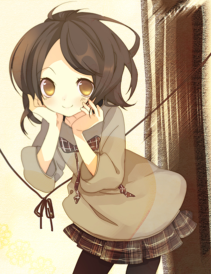 reitei, retei, original, bad id, bad pixiv id, blush, brown eyes, brown hair, happy, pantyhose, short hair, skirt, smile, solo