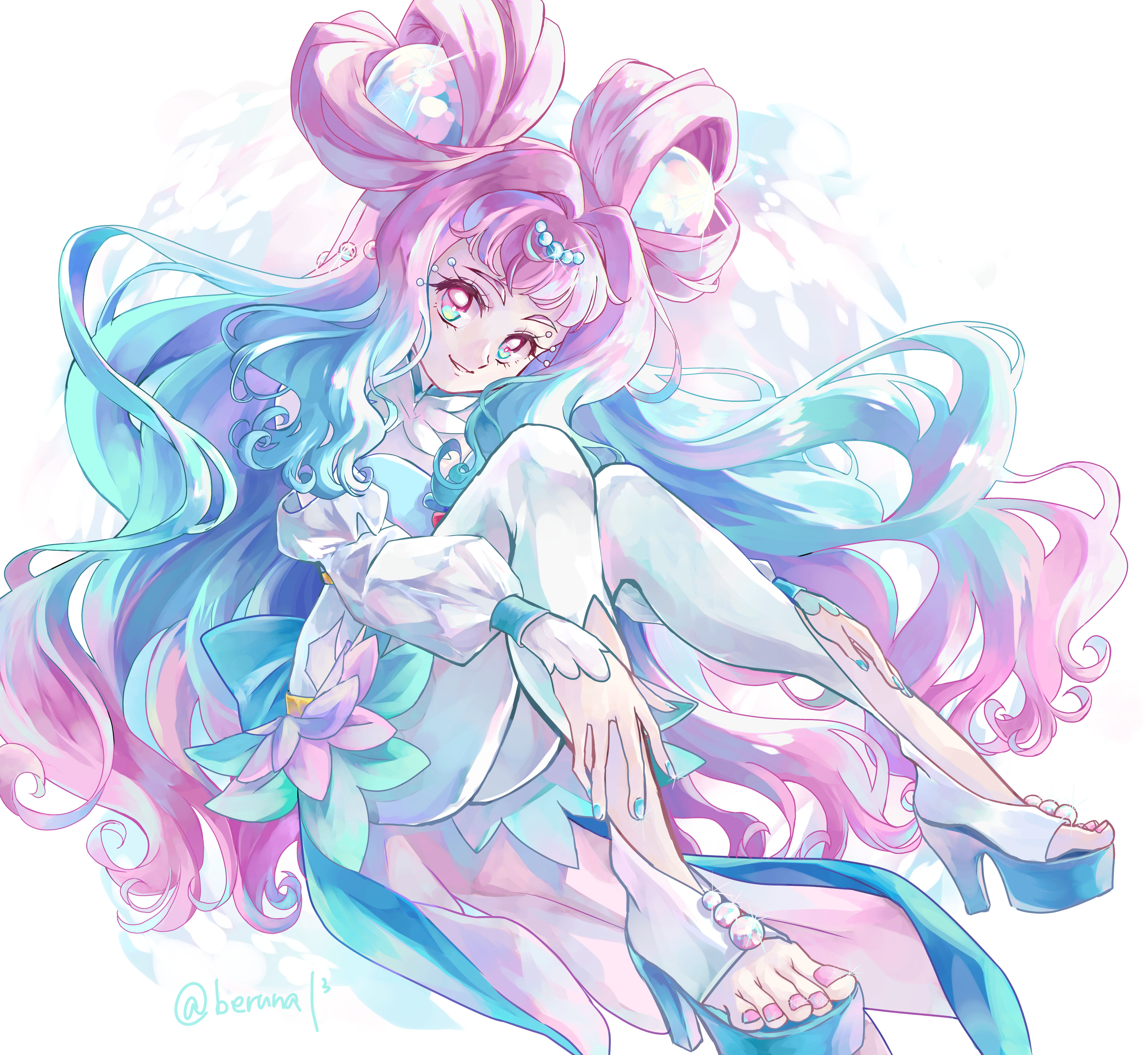 inuko (nozomi1118), cure la mer, laura la mer, precure, tropical-rouge! precure, absurdres, highres, ibispaint (medium), 1girl, applying pedicure, aqua eyes, aqua hair, aqua nails, gradient eyes, gradient hair, long hair, long sleeves, looking at viewer, multicolored eyes, multicolored hair, nail polish, pantyhose, pearl hair ornament, pink eyes, pink hair, sandals, skirt, smile, solo, toenail polish, toenails, toes, very long hair, white pantyhose