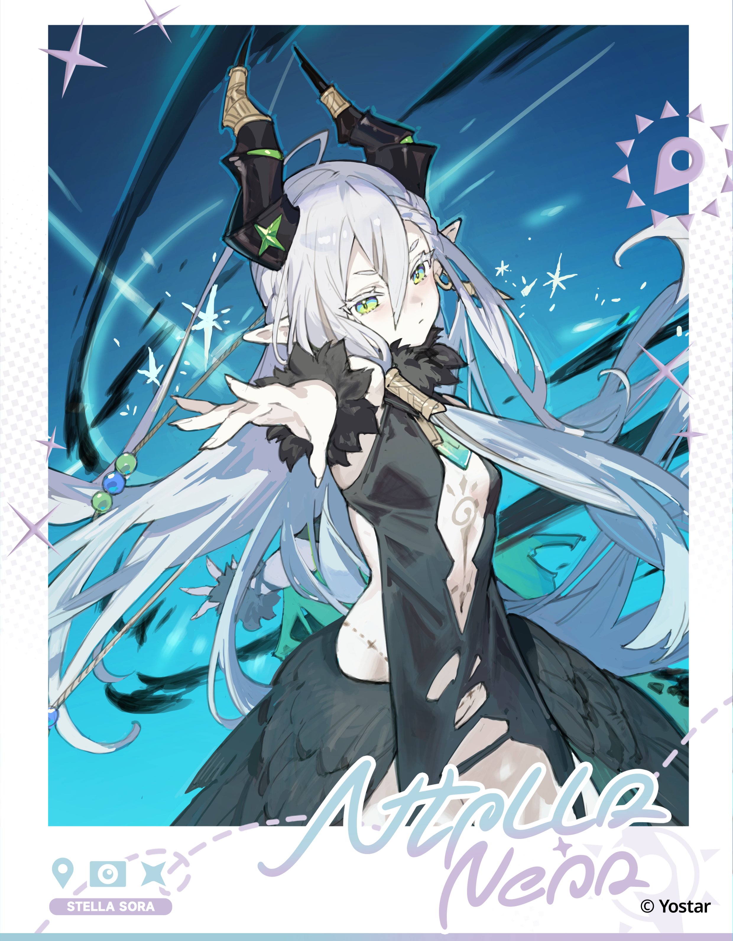 starshadowmagician, stella sora, absurdres, commentary request, highres, 1girl, aeloria (stella sora), copyright notice, grey hair, hair between eyes, hair tubes, horns, long hair, looking at viewer, multicolored eyes, navel, pointy ears, revealing clothes, single hair tube, solo