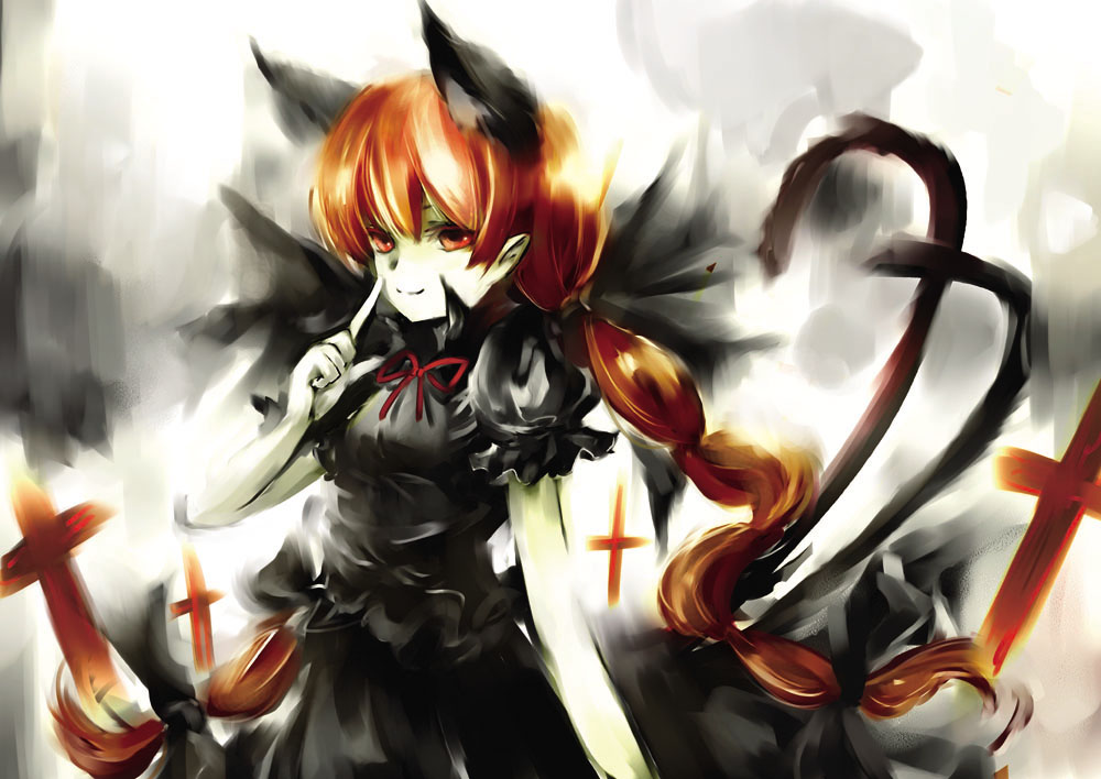 tomasu, tsurukame, kaenbyou rin, touhou, 1girl, animal ears, cat ears, cat girl, cross, dress, female focus, long hair, orange eyes, pale skin, red hair, solo