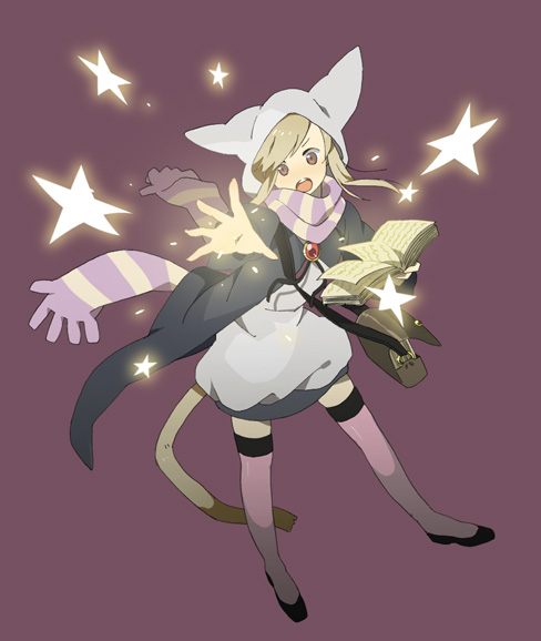 hayato (meromoni), original, animal ears, animal hood, book, cat hood, hood, scarf, star (symbol), tail, thighhighs