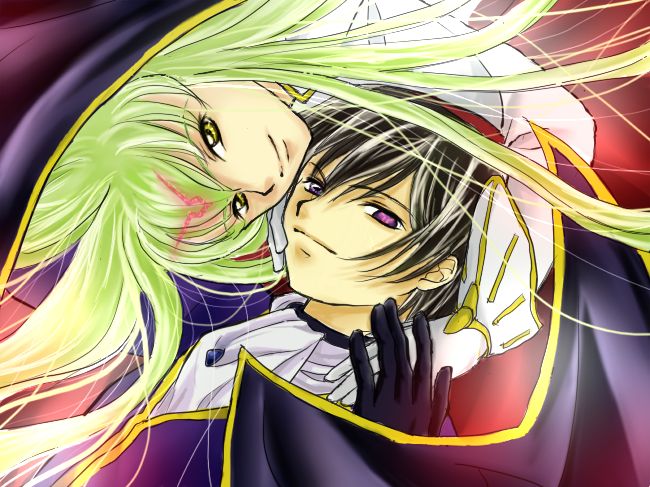 pesu, c.c., lelouch vi britannia, zero (code geass), code geass, 00s, black hair, cape, geass, green hair, holding hands, long hair, purple eyes, yellow eyes