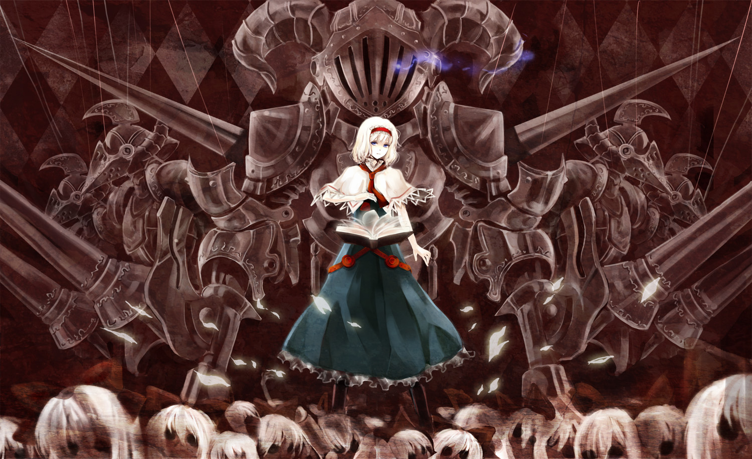 tomasu, tsurukame, alice margatroid, touhou, 1girl, book, doll, female focus, knight, lance, leaf, medieval, polearm, solo, spear, standing, string, throne, weapon