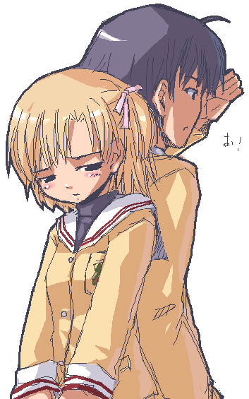 okazaki tomoya, sunohara youhei, sunohara youko, clannad, 00s, 1boy, 1girl, ahoge, blonde hair, blue hair, blush, genderswap, genderswap (mtf), oekaki, ribbon, sad, school uniform, side ponytail, sketch