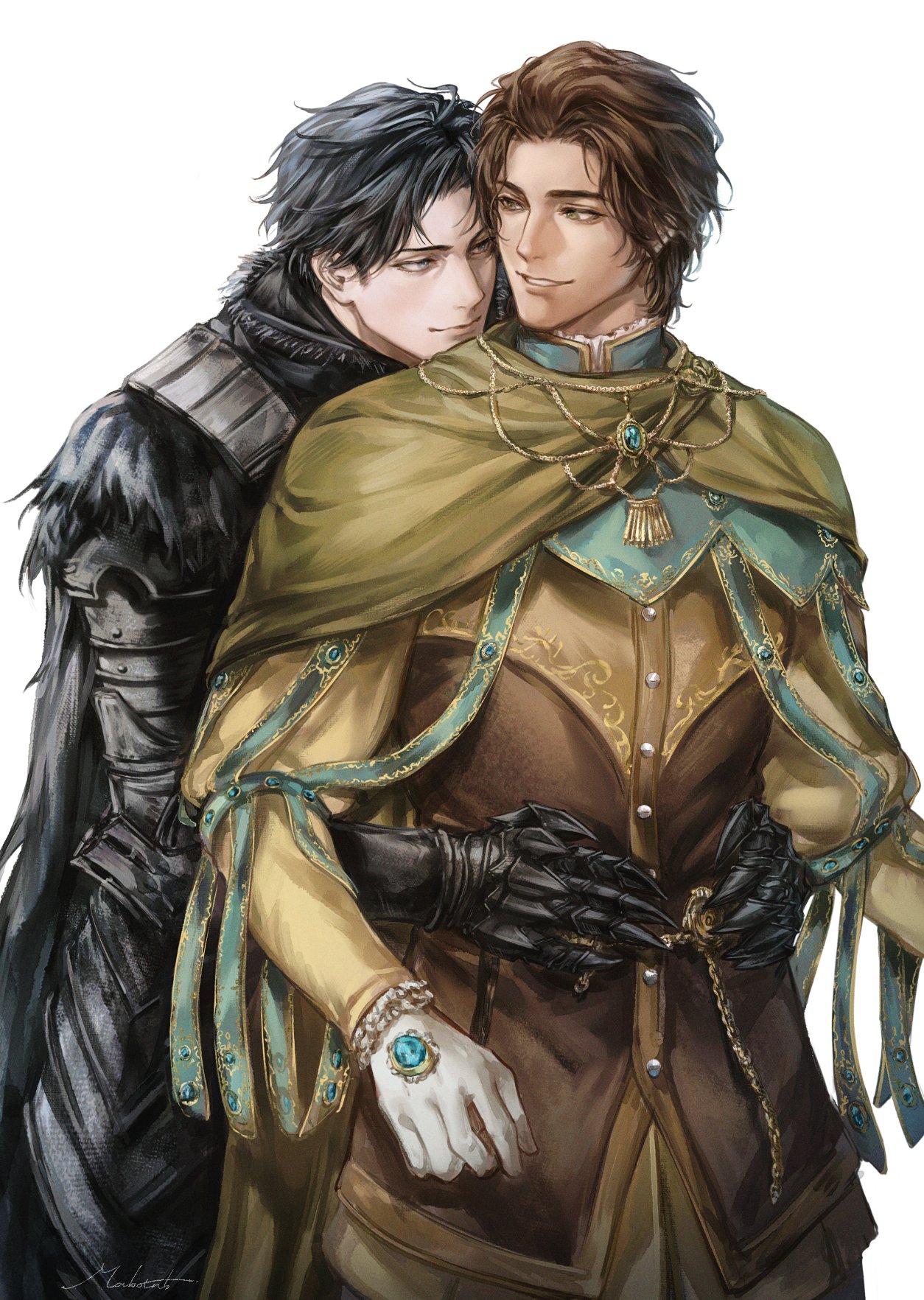 sorcerer rogier, tarnished (elden ring), elden ring, highres, 2boys, armor, black armor, black hair, brown hair, green eyes, grey eyes, hug, hug from behind, looking at another, mabotnb, male focus, multiple boys, smile, yaoi