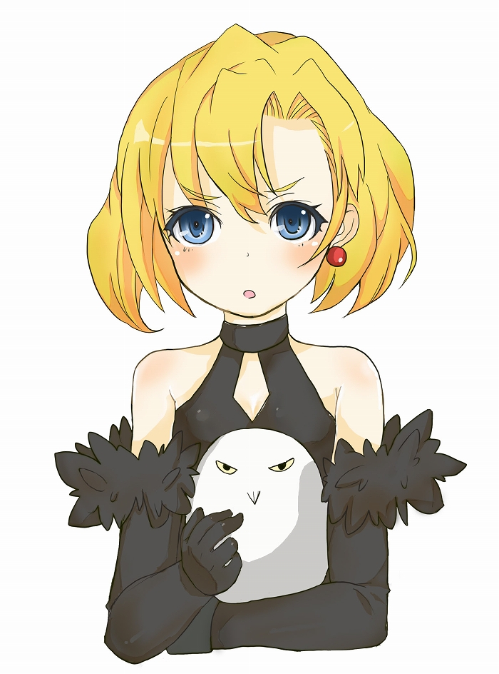 ako (clover01), artemis (junketsu no maria), artemis (junketsu no maria) (bird), maria (junketsu no maria), junketsu no maria, bad id, bad pixiv id, 1girl, :o, bird, blonde hair, blue eyes, blush, earrings, elbow gloves, female focus, gloves, jewelry, owl, short hair, solo