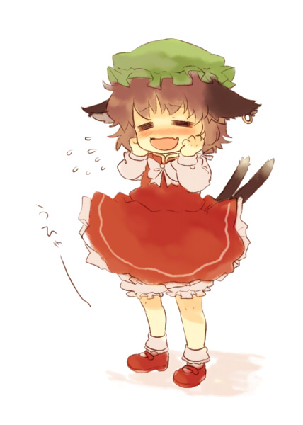 chaba (hortensia), chen, touhou, 1girl, animal ears, blush, brown hair, cat ears, cat girl, cat tail, chibi, dress, earrings, female focus, full body, hat, jewelry, multiple tails, short hair, solo, tail, underwear, white background