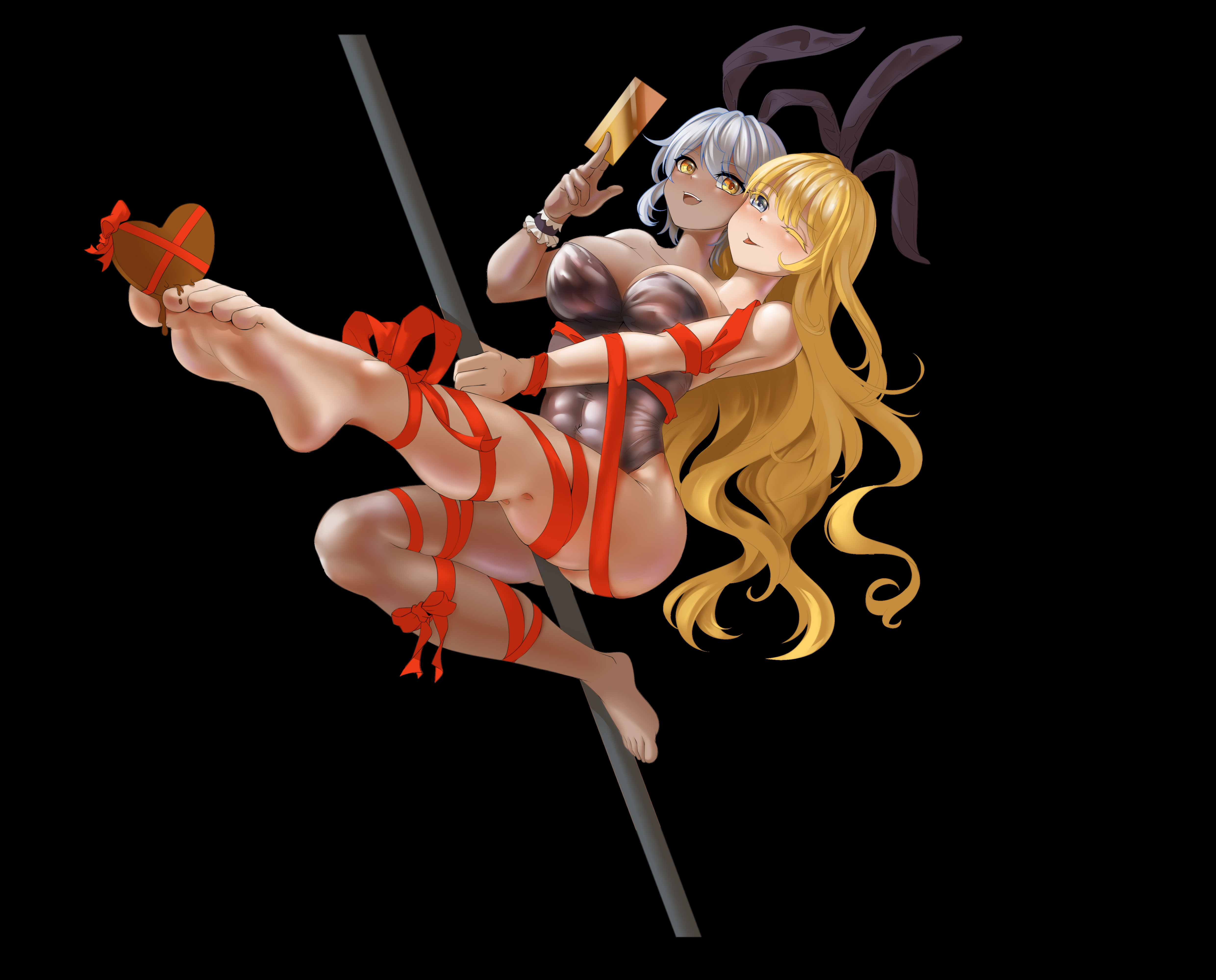 original, absurdres, highres, animal ears, bdsm, bondage, bound, candy, chocolate, chocolate heart, conjoined, food, fretyn, heart, heart-shaped food, pole, rabbit ears, soles