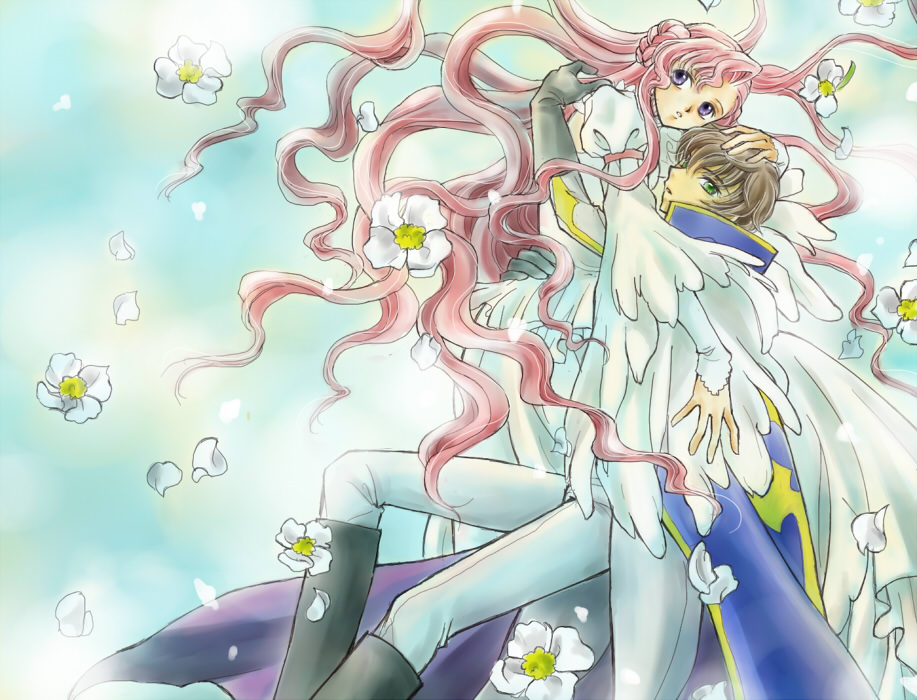 pesu, euphemia li britannia, kururugi suzaku, code geass, 00s, brown hair, cape, donut hair bun, dress, flower, hair bun, long hair, pink hair
