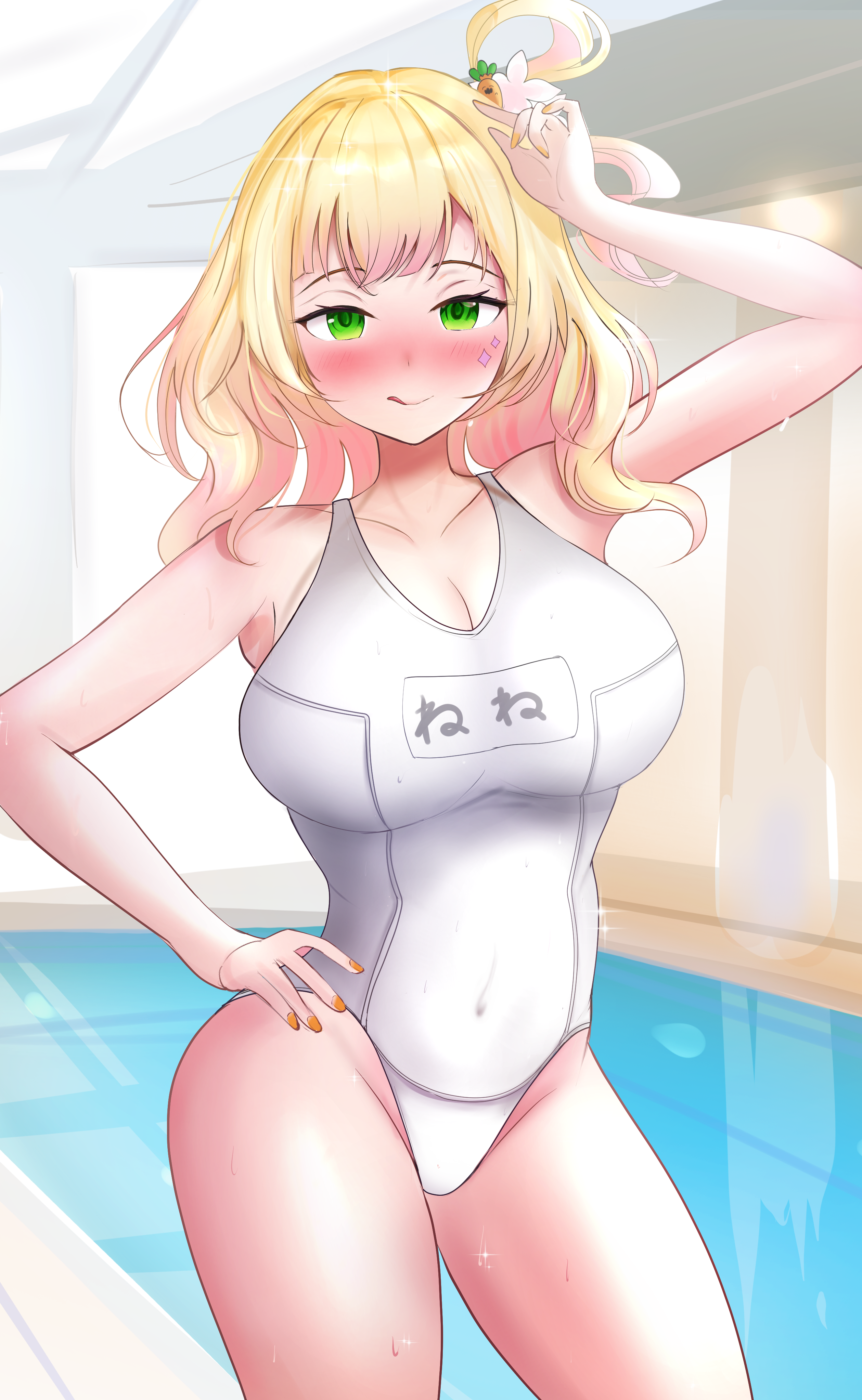waniwani (wasabiwaniwani), momosuzu nene, hololive, absurdres, highres, 1girl, alternate costume, arm up, blonde hair, blush, breasts, cleavage, closed mouth, colored inner hair, green eyes, hand on own hip, large breasts, looking at viewer, medium hair, multicolored hair, nail polish, official alternate hair length, official alternate hairstyle, one-piece swimsuit, pink hair, pink nails, smile, solo, swimsuit, tongue, tongue out, virtual youtuber, white one-piece swimsuit