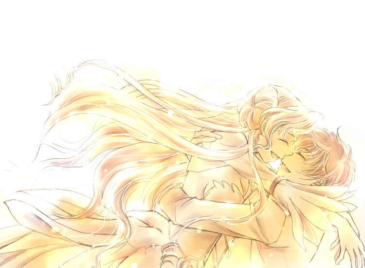 pesu, euphemia li britannia, kururugi suzaku, code geass, 00s, brown hair, closed eyes, donut hair bun, dress, hair bun, holding, long hair, pink hair, smile
