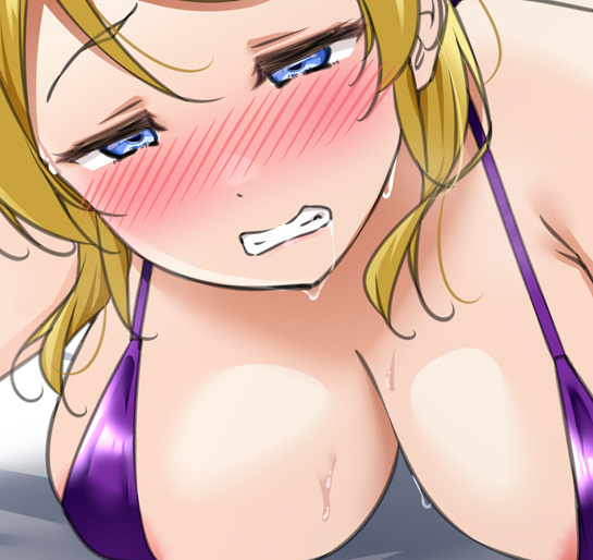yopparai oni, ayase eli, love live!, love live! school idol project, 1girl, areola slip, bikini, blonde hair, blue eyes, blush, clenched teeth, close-up, drooling, half-closed eyes, implied sex, long hair, lying, micro bikini, on stomach, purple bikini, saliva, sweat, swimsuit, teeth
