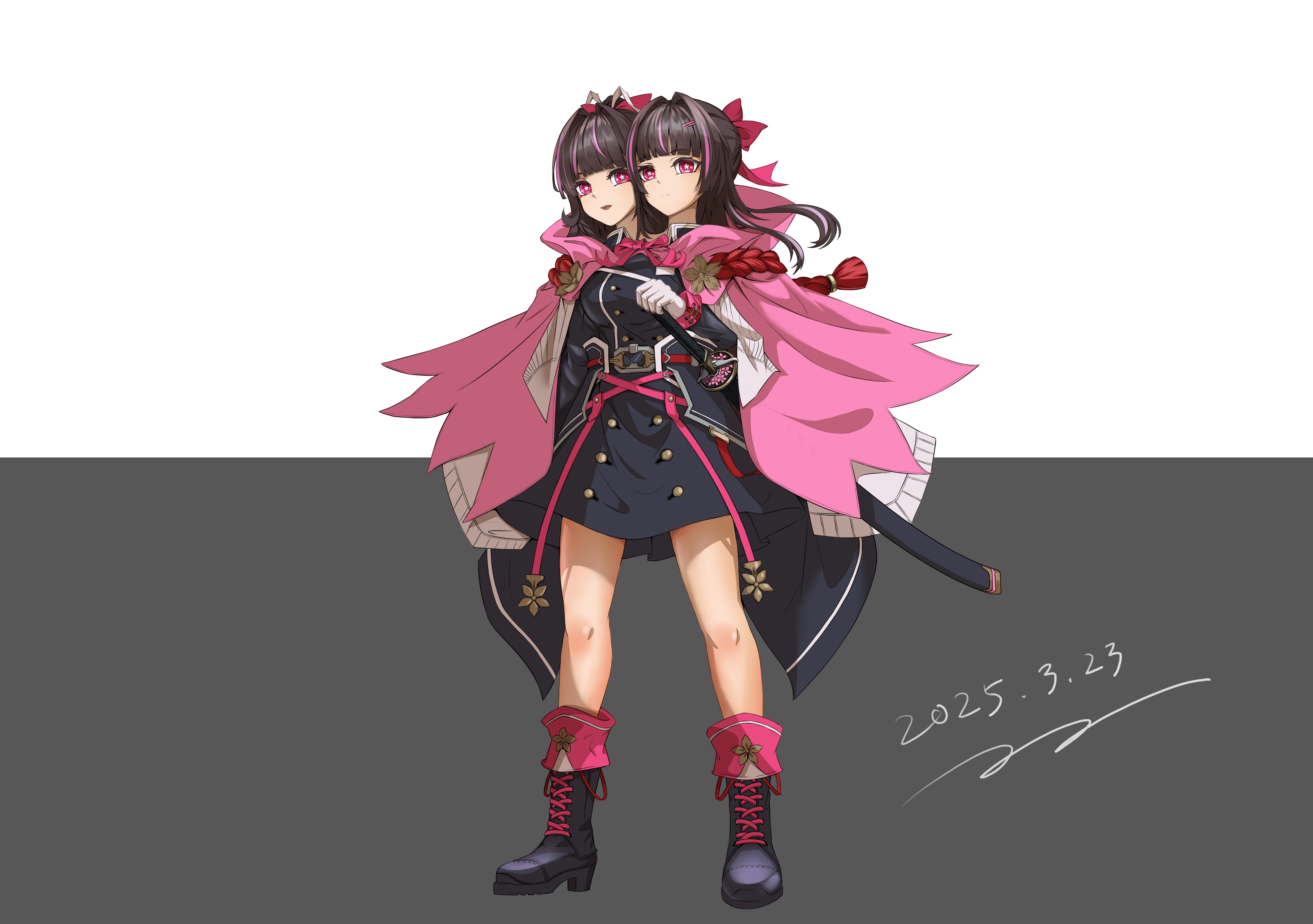 original, absurdres, highres, 2girls, conjoined, fretyn, greyscale, katana, monochrome, multiple girls, pink eyes, soles, sword, weapon