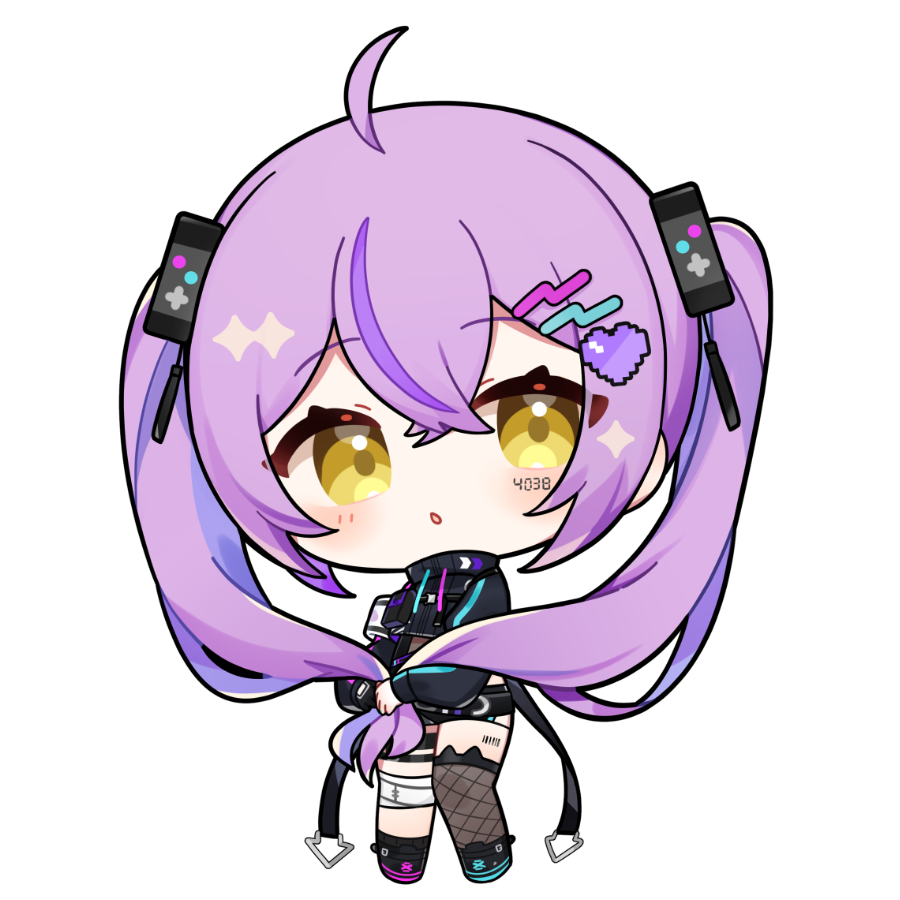 kashiwase karune, shinomiya runa, vspo!, commentary request, 1girl, :o, ahoge, black shirt, black shoes, black shorts, brown thighhighs, chibi, chibi only, crossed bangs, double-parted bangs, fishnet thighhighs, fishnets, full body, hair between eyes, hair ornament, heart, heart hair ornament, long hair, long sleeves, looking at viewer, open mouth, pixel heart, purple hair, shirt, shoes, shorts, simple background, single thighhigh, solo, standing, thighhighs, transparent background, twintails, virtual youtuber, yellow eyes