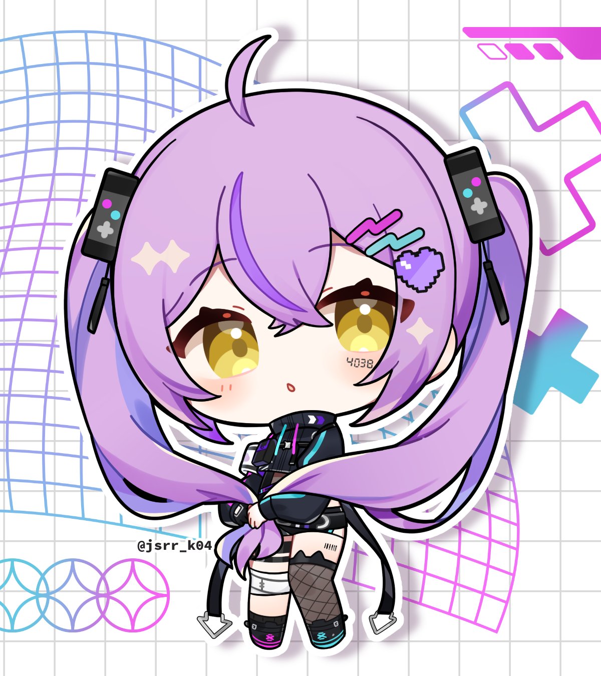 kashiwase karune, shinomiya runa, vspo!, commentary request, highres, 1girl, :o, ahoge, black shirt, black shoes, black shorts, brown thighhighs, chibi, chibi only, crossed bangs, double-parted bangs, drop shadow, fishnet thighhighs, fishnets, full body, grid background, hair between eyes, hair ornament, heart, heart hair ornament, long hair, long sleeves, looking at viewer, open mouth, outline, pixel heart, purple hair, shirt, shoes, shorts, single thighhigh, solo, standing, thighhighs, twintails, twitter username, virtual youtuber, white background, white outline, yellow eyes