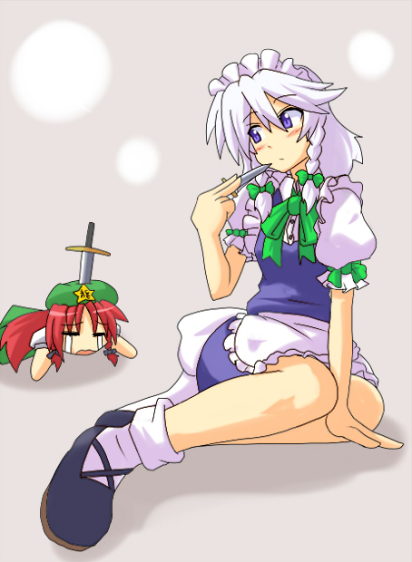 harukatron, hong meiling, izayoi sakuya, immaterial and missing power, touhou, silver hair, 2girls, blush, braid, chibi, female focus, hairband, hat, knife, maid, multiple girls, red hair, ribbon, tears, throwing knife, twin braids, weapon