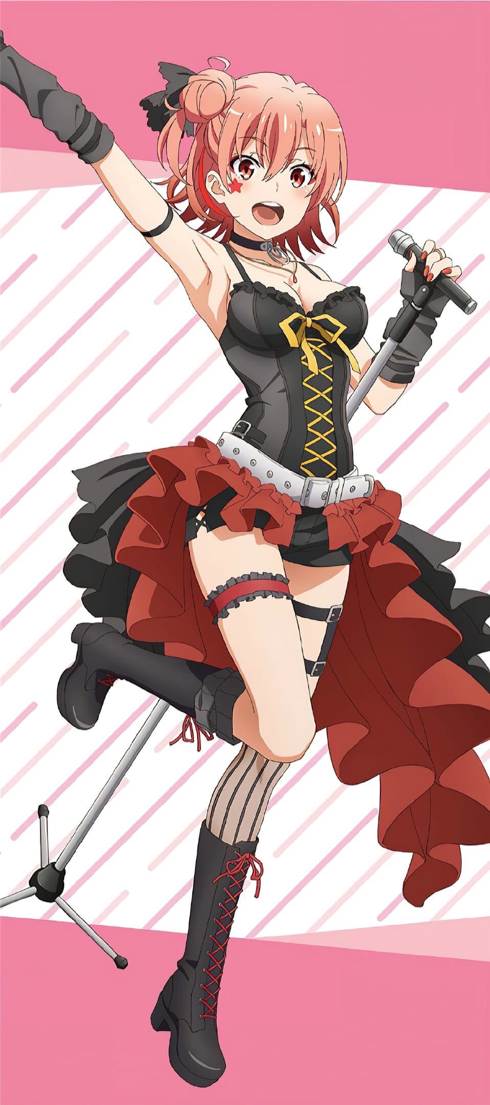 yuigahama yui, yahari ore no seishun lovecome wa machigatteiru., official art, 1girl, armpits, blush, breasts, open mouth, pink eyes, pink hair, red nails, short hair, solo