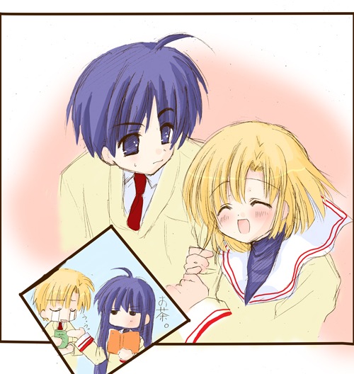 okazaki tomomi, okazaki tomoya, sunohara youhei, sunohara youko, clannad, gender request, 00s, 2boys, 2girls, ahoge, arm hug, blonde hair, blue eyes, blue hair, blush, book, chibi, closed eyes, cup, dual persona, genderswap, multiple boys, multiple girls, open mouth, school uniform, simple background, smile, teacup, tears