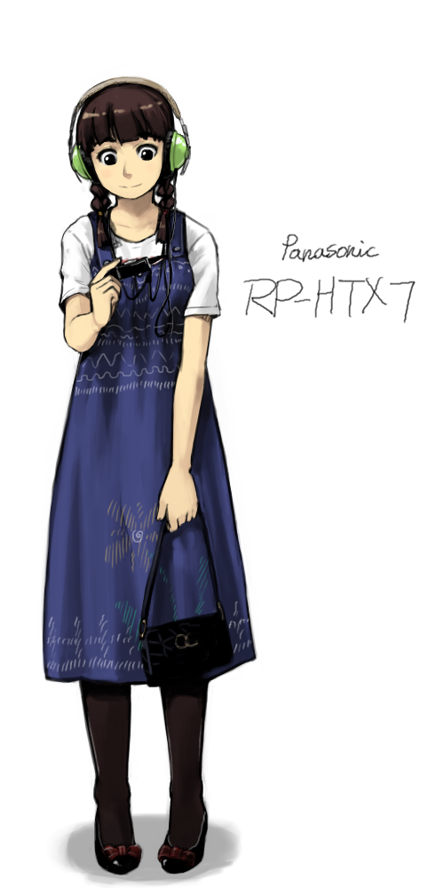 tachibana midori, tachibana roku, original, long image, tall image, 1girl, bag, black eyes, braid, brown hair, digital media player, dress, female focus, happy, headphones, pantyhose, smile, solo, twin braids