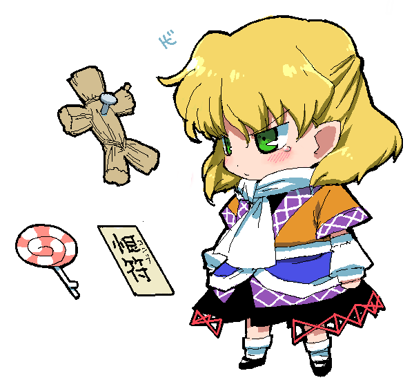 tonbi, mizuhashi parsee, touhou, bad id, bad pixiv id, 1girl, blonde hair, candy, chibi, female focus, food, green eyes, half updo, lollipop, pointy ears, scarf, short hair, solo, straw doll, swirl lollipop, voodoo