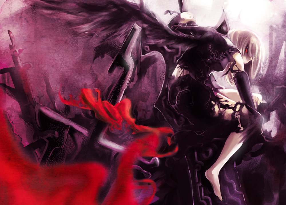 tomasu, tsurukame, ex-rumia, rumia, embodiment of scarlet devil, touhou, 1girl, barefoot, blonde hair, elbow gloves, female focus, gloves, glowing, glowing eyes, huge weapon, red eyes, ribbon, solo, sword, weapon, white hair, wings
