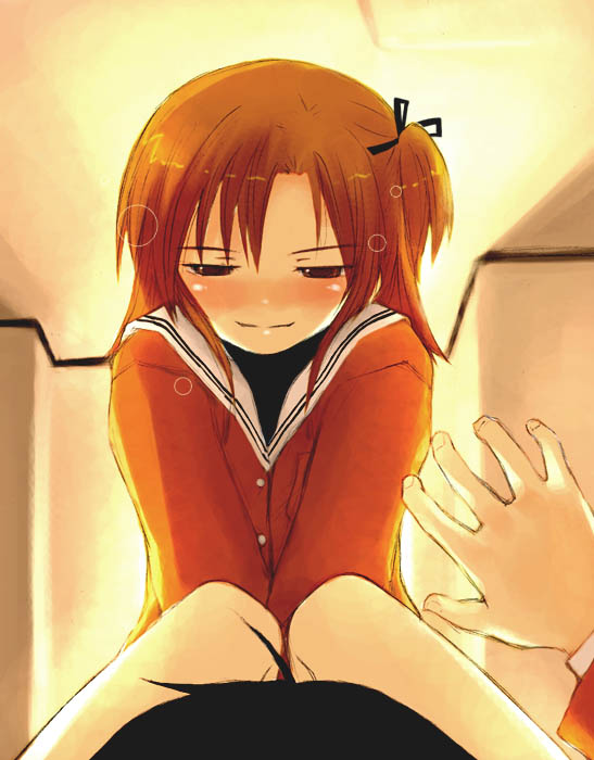 okazaki tomoya, sunohara youhei, sunohara youko, clannad, 00s, 1boy, 1girl, blonde hair, genderswap, genderswap (mtf), knees, monochrome, ribbon, school uniform, side ponytail