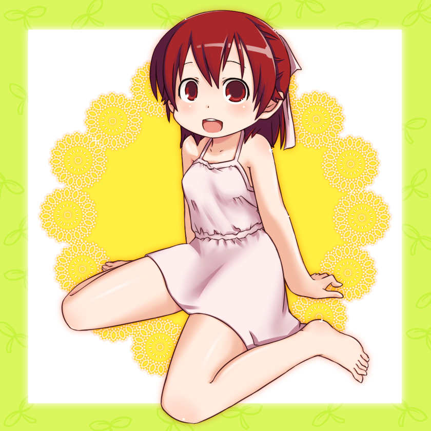 kurabayashi aya, marui futaba, mitsudomoe (manga), barefoot, dress, feet, hair ribbon, red eyes, red hair, ribbon, smile, solo, toes
