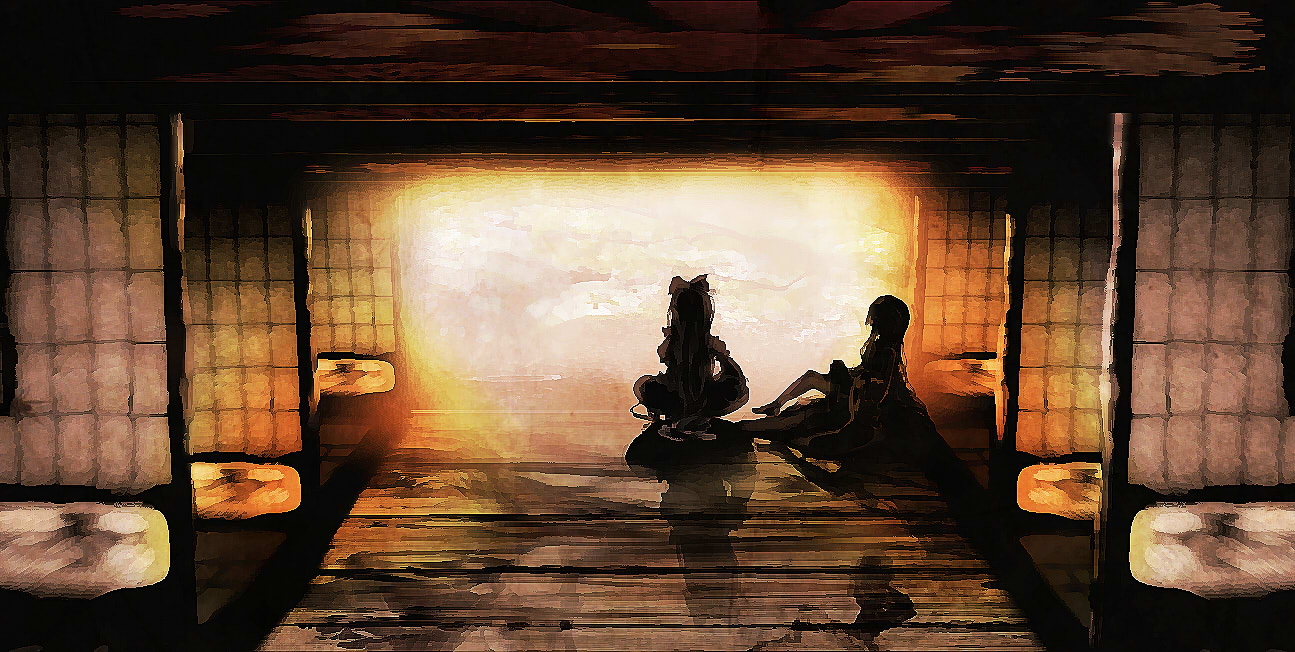yoshioka yoshiko, fujiwara no mokou, houraisan kaguya, touhou, 2girls, architecture, back, east asian architecture, female focus, from behind, indoors, multiple girls, shadow, sitting