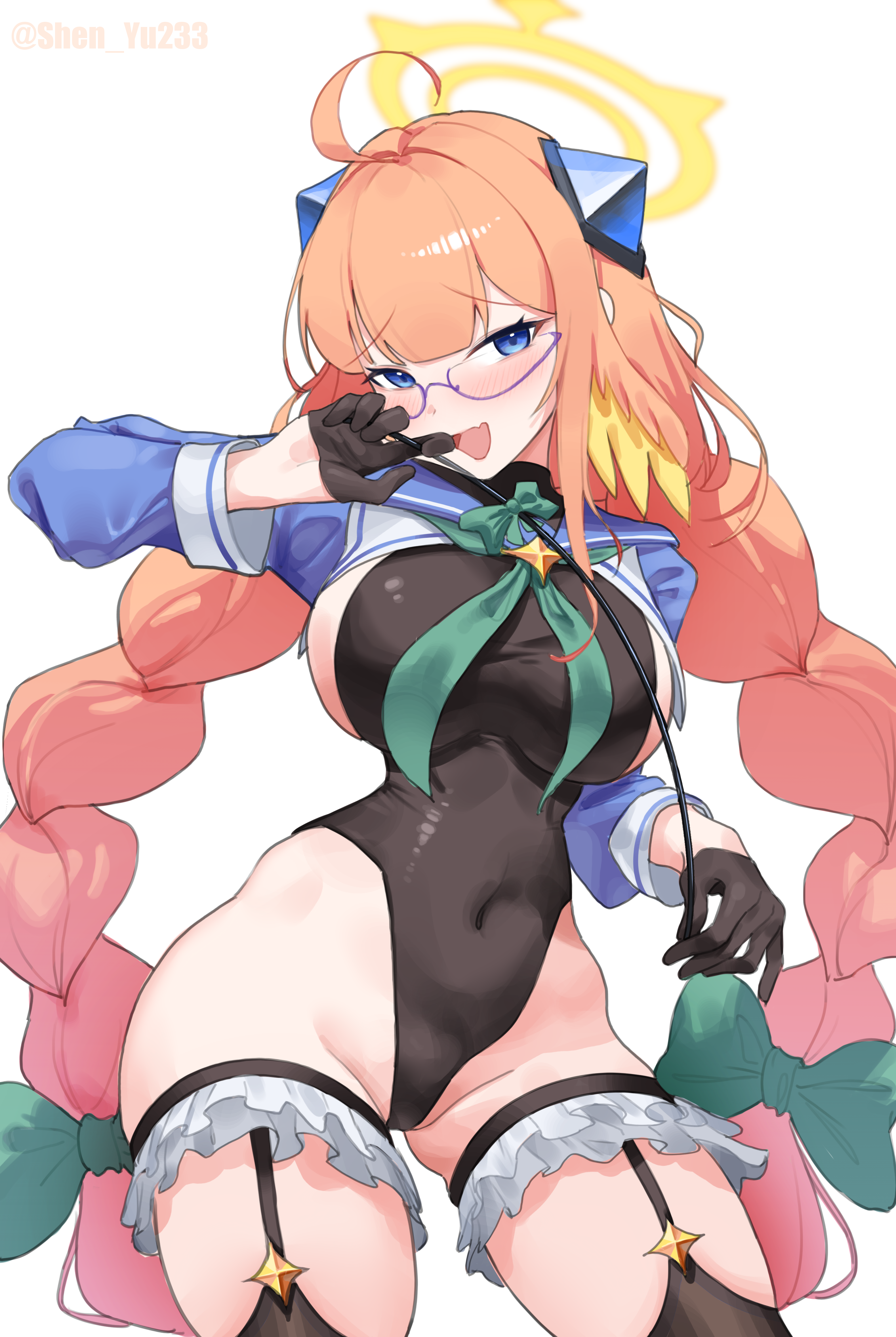 shinba233, shimiko (blue archive), shimiko (magical) (blue archive), blue archive, absurdres, commentary request, highres, 1girl, ahoge, black gloves, black leotard, black thighhighs, blue eyes, blue sailor collar, blue shrug, blush, braid, breasts, covered navel, fang, glasses, gloves, green neckerchief, groin, hair ornament, halo, large breasts, leotard, long hair, looking at viewer, magical girl, navel, neckerchief, official alternate costume, open mouth, orange hair, purple-framed eyewear, riding crop, sailor collar, shrug (clothing), sideboob, skin fang, smile, solo, thighhighs, thighs, twin braids, very long hair, yellow halo