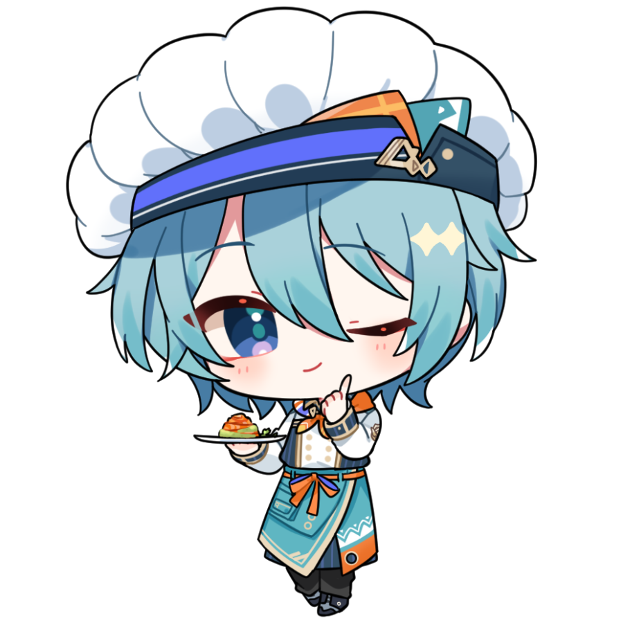 kashiwase karune, nagisa trout, nijisanji, commentary request, 1boy, ;), apron, black shoes, black socks, blue apron, blue eyes, blue hair, blue pants, blush, chef hat, chibi, chibi only, closed mouth, food, full body, hair between eyes, hat, holding, holding tray, long sleeves, looking at viewer, male focus, one eye closed, pants, shirt, shoes, short hair, simple background, smile, socks, solo, standing, transparent background, tray, virtual youtuber, white hat, white shirt