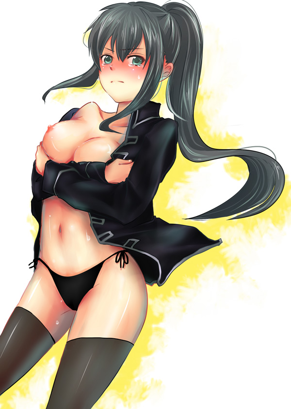 tamaichi, hijikata toushirou, gintama, bad id, bad pixiv id, 00s, 1girl, black hair, blush, breasts, female focus, genderswap, genderswap (mtf), green eyes, large breasts, long hair, navel, one breast out, open clothes, open shirt, panties, ponytail, shirt, side-tie panties, solo, standing, tears, thighhighs, underwear