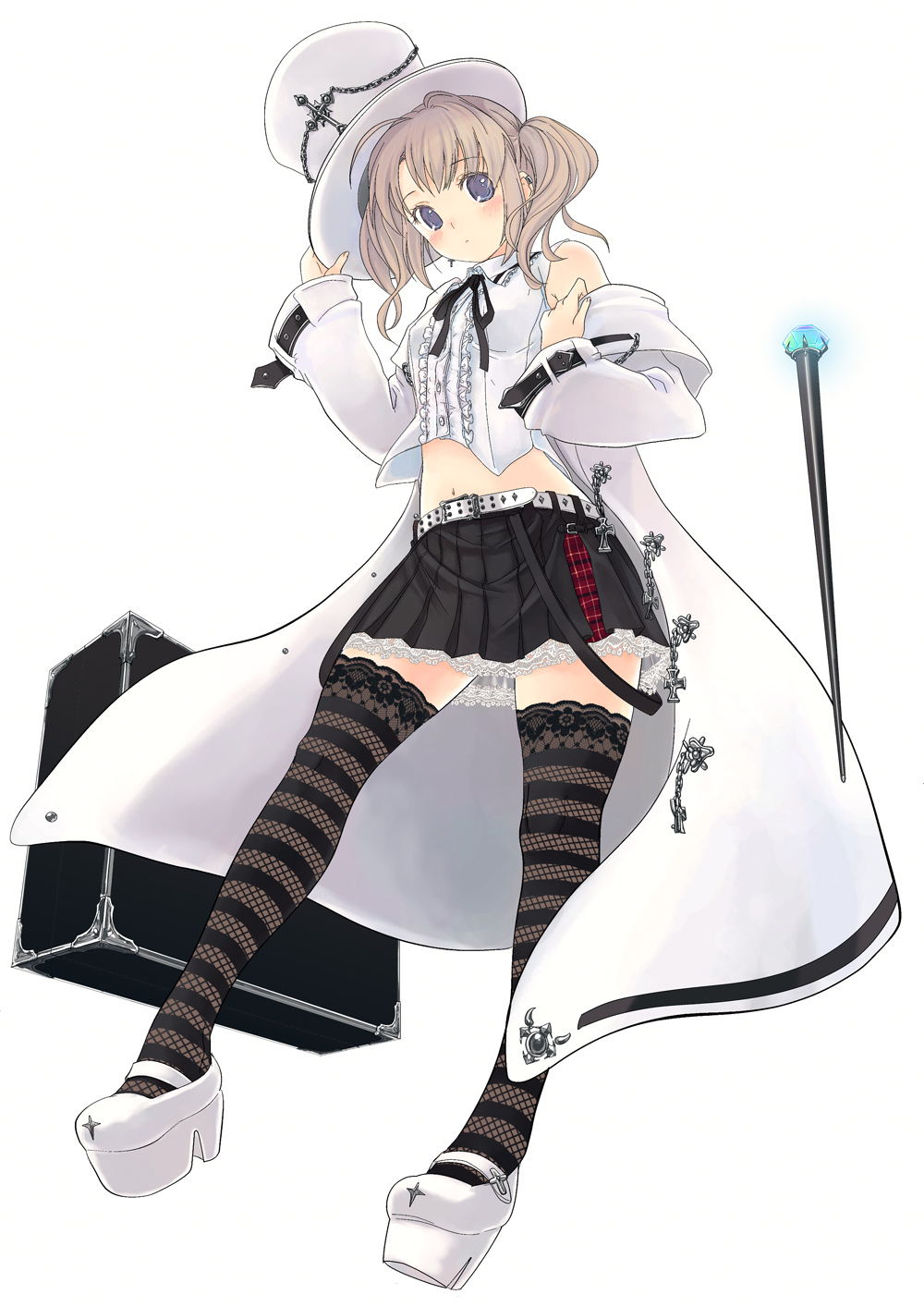mikazukimo, original, lace-trimmed legwear, plaid, platform footwear, highres, 1girl, belt, black thighhighs, blue eyes, brown hair, cape, cross, female focus, fishnet thighhighs, fishnets, frills, gothic lolita, hat, lace, lace trim, legs, lolita fashion, midriff, navel, scepter, simple background, skirt, solo, striped clothes, striped thighhighs, studded belt, thighhighs, top hat, twintails, white background, zettai ryouiki