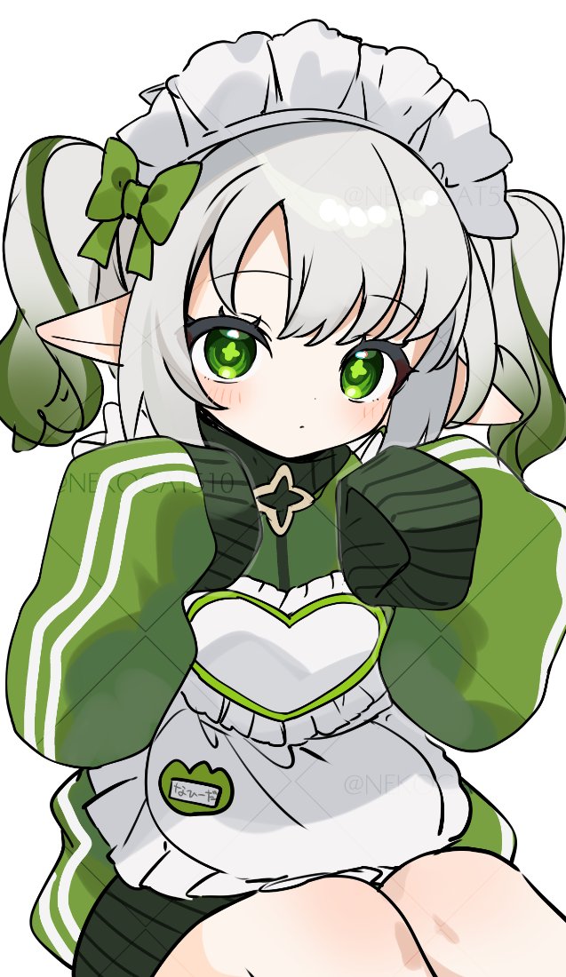 gotoh (nekocat), nahida (genshin impact), genshin impact, commentary request, 1girl, alternate costume, alternate hairstyle, apron, blush, bow, cross-shaped pupils, enmaided, frilled apron, frilled hairband, frills, gradient hair, green bow, green eyes, green hair, green sweater, hair between eyes, hair bow, hairband, long hair, looking at viewer, maid, maid headdress, multicolored hair, pointy ears, sitting, sleeves past fingers, sleeves past wrists, solo, sweater, symbol-shaped pupils, twintails, white apron, white hair, white hairband