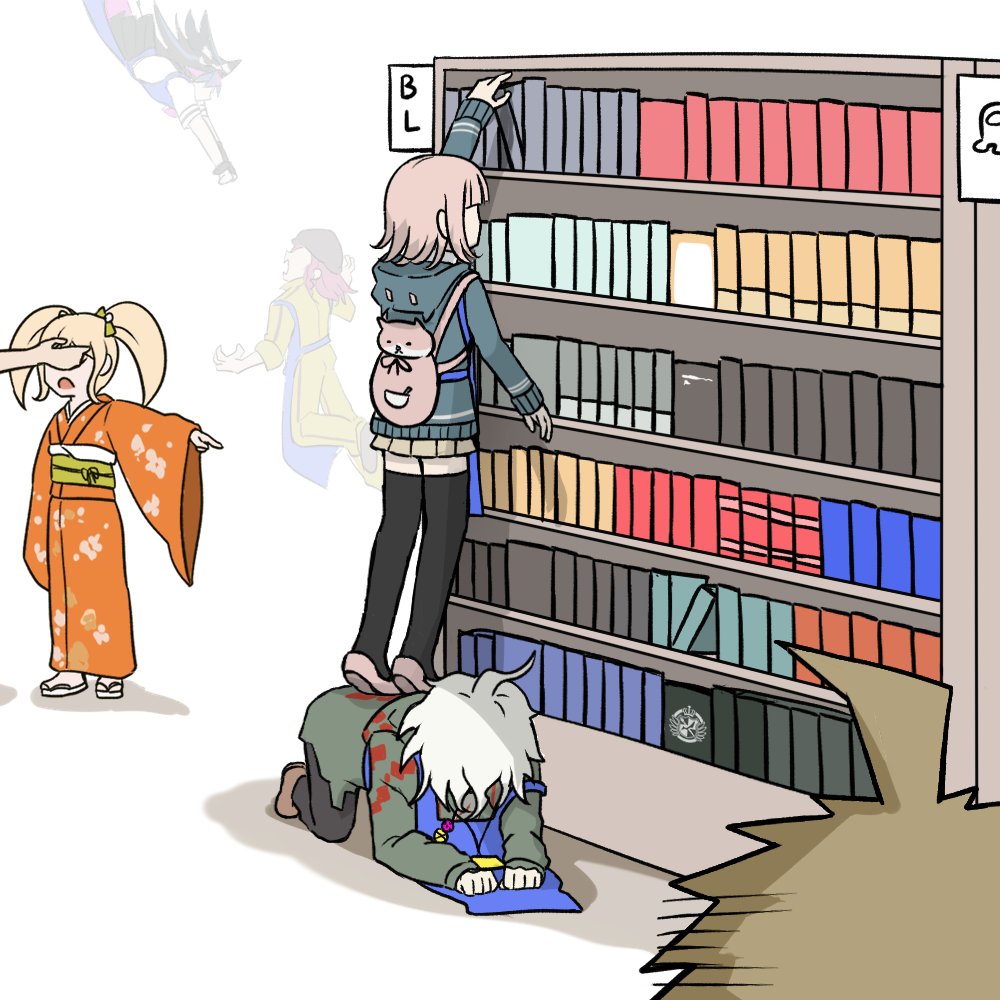 kmnm 1403, crewmate (among us), hinata hajime, komaeda nagito, mioda ibuki, nanami chiaki, saionji hiyoko, soda kazuichi, among us, danganronpa (series), danganronpa 2: goodbye despair, commentary request, 3boys, 3girls, ahoge, all fours, animal bag, apron, backpack, bag, black pants, black thighhighs, blue apron, bookshelf, brown hair, brown skirt, cat bag, flipped hair, green jacket, hood, hood down, jacket, japanese clothes, kimono, long sleeves, medium hair, multiple boys, multiple girls, obi, orange kimono, pants, pink bag, pleated skirt, pornography, sash, simple background, skirt, thighhighs, wide sleeves, yaoi (object), zettai ryouiki