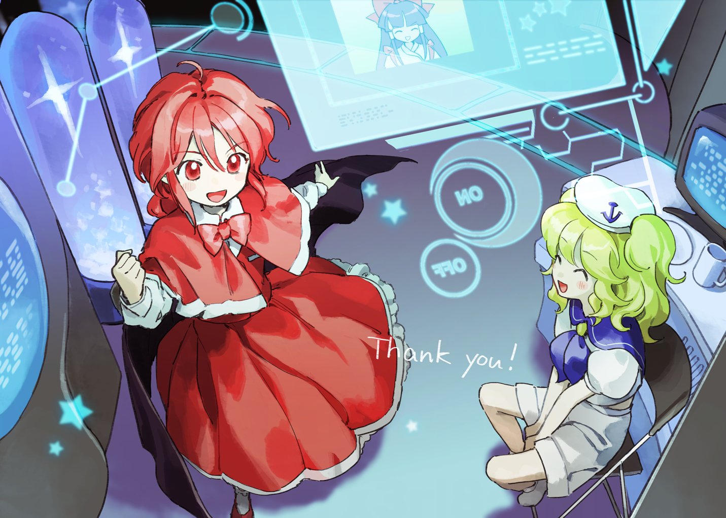 kaigen 1025, hakurei reimu, hakurei reimu (pc-98), kitashirakawa chiyuri, okazaki yumemi, touhou, touhou (pc-98), commission, skeb commission, 2girls, ^ ^, black cape, blonde hair, blue sailor collar, bow, bowtie, cape, capelet, chair, clenched hand, closed eyes, computer, cup, frilled capelet, frilled skirt, frills, happy, hat, hologram, holographic interface, indoors, laboratory, mug, multiple girls, no nose, on chair, open mouth, red bow, red bowtie, red capelet, red eyes, red hair, red skirt, sailor collar, sailor hat, shirt, short sleeves, short twintails, shorts, sitting, skirt, smile, star (symbol), twintails, white shirt, white shorts