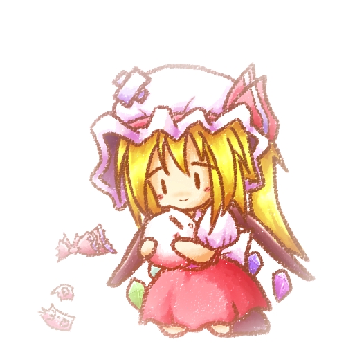 tilde (ice cube), flandre scarlet, kedama (touhou), touhou, bad id, bad pixiv id, lowres, 1girl, blonde hair, chibi, female focus, hat, kneeling, mob cap, short hair, simple background, solo, white background, white hat, wings, | |
