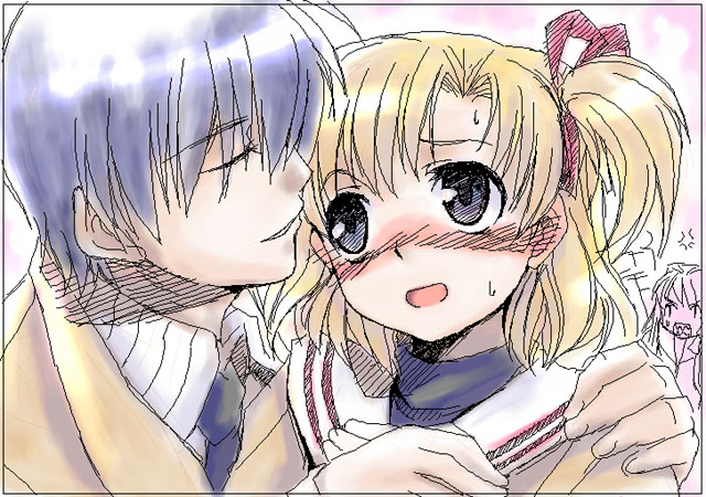 fujibayashi kyou, okazaki tomoya, sunohara youhei, sunohara youko, clannad, 00s, 1boy, 2girls, angry, blonde hair, blue eyes, blue hair, blush, genderswap, genderswap (mtf), hug, multiple girls, ribbon, school uniform, side ponytail, sweat