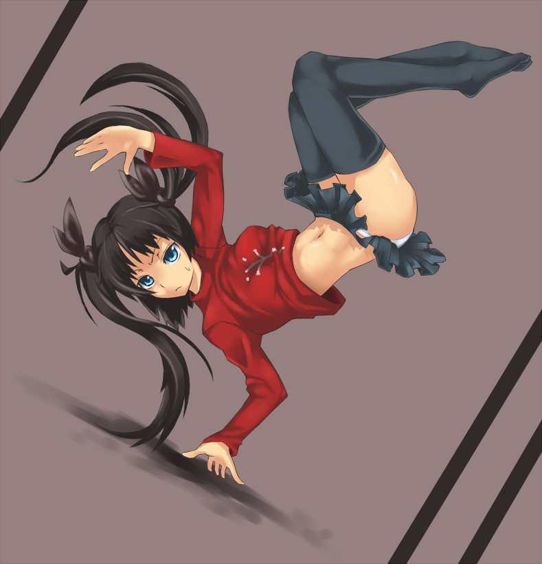 napori, tohsaka rin, fate/stay night, fate (series), type-moon, bad id, bad pixiv id, 00s, 1girl, black hair, black thighhighs, blue eyes, feet, female focus, hair ribbon, handstand, long hair, long legs, midriff, miniskirt, navel, one arm handstand, panties, pantyshot, ribbon, skirt, solo, thighhighs, twintails, two side up, underwear, upskirt, zettai ryouiki