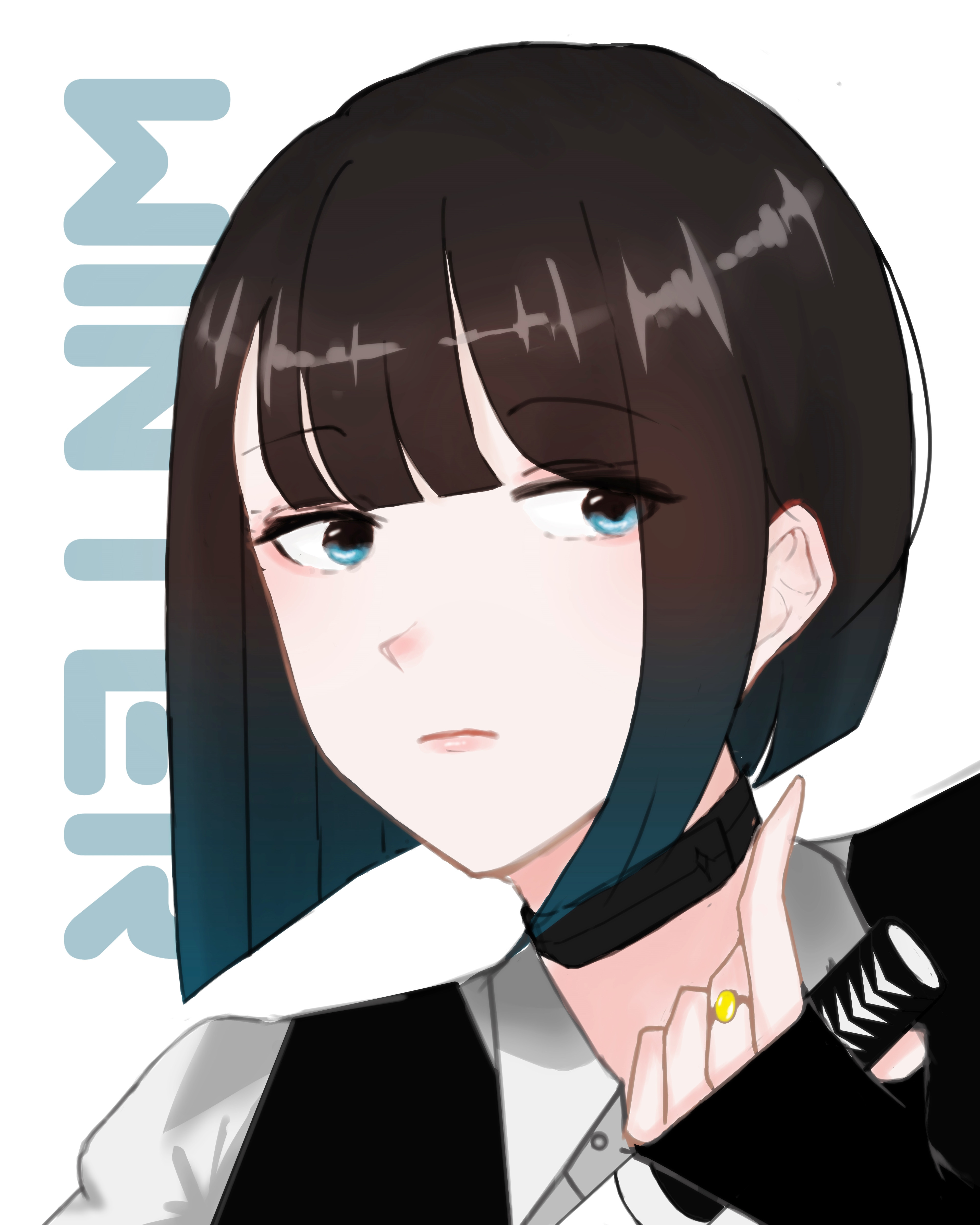 aespa, real life, absurdres, commentary, highres, 1girl, artist name (singer), black choker, black hair, blue eyes, blunt bangs, bob cut, choker, close-up, closed mouth, holding, ilhamabdurahman2, jewelry, ring, sidelocks, simple background, white background, winter (aespa)