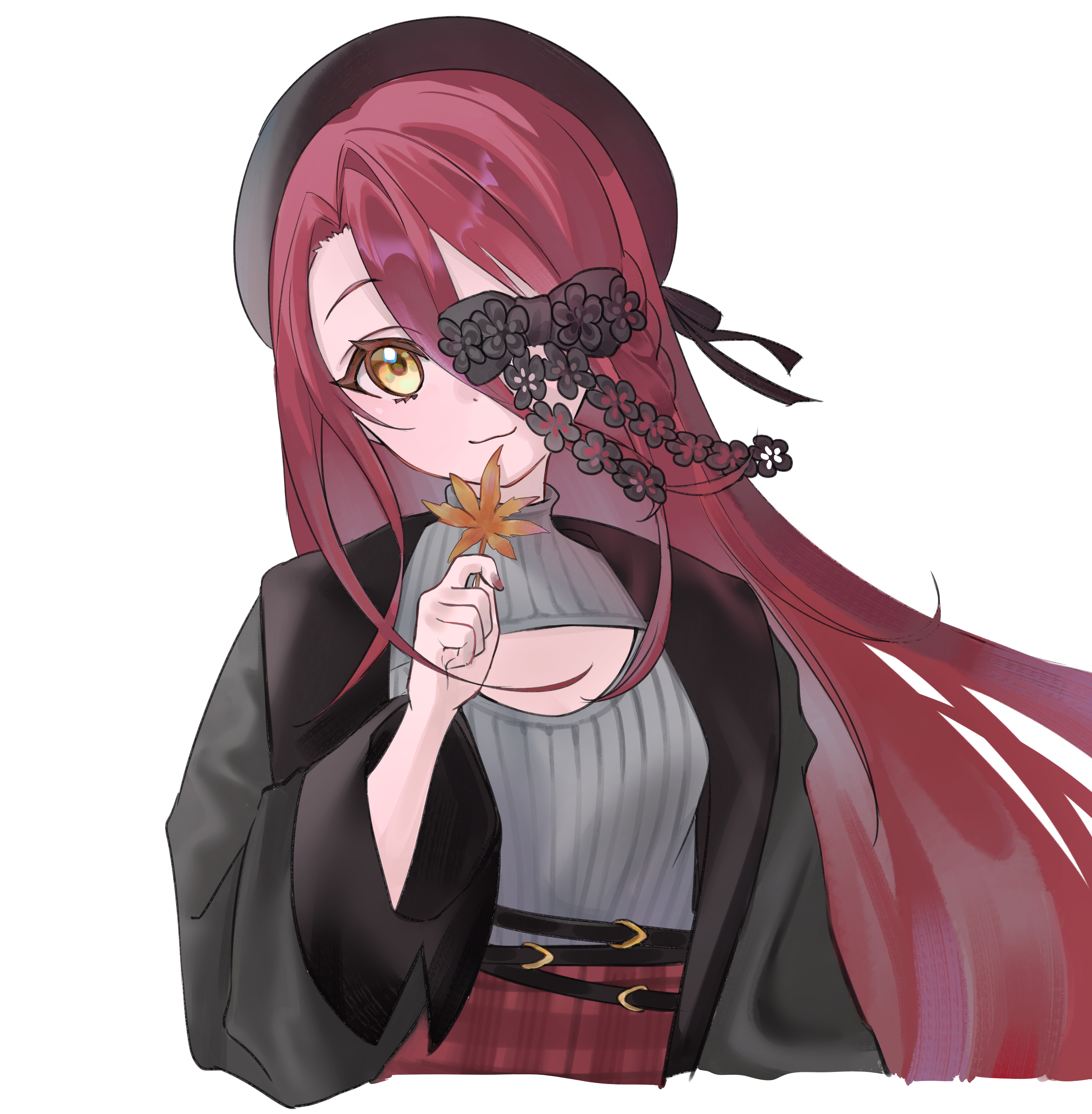 mikon (nicknqme), typhon ephemeros (fate), typhon ephemeros (over the same sky) (fate), fate/grand order, fate (series), absurdres, highres, 1girl, beret, black hat, black jacket, blush, bow, braid, breasts, cleavage cutout, clothing cutout, grey shirt, hair between eyes, hat, jacket, leaf, long hair, long sleeves, maple leaf, red hair, red skirt, shirt, skirt, small breasts, smile, solo, very long hair, yellow eyes