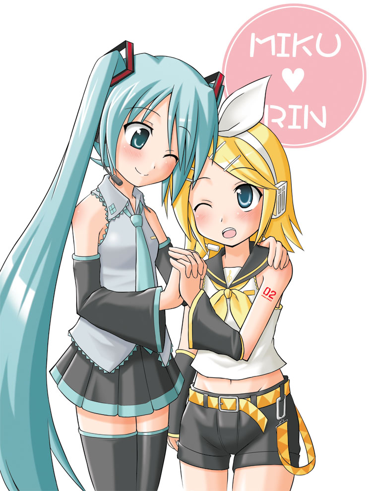 shinjou ryou, youta (asatsukidou), hatsune miku, kagamine rin, vocaloid, aqua eyes, aqua hair, blonde hair, blue eyes, bow, detached sleeves, hair ornament, hairclip, headset, holding hands, long hair, midriff, short hair, shorts, skirt, thighhighs, twintails, wink, zettai ryouiki