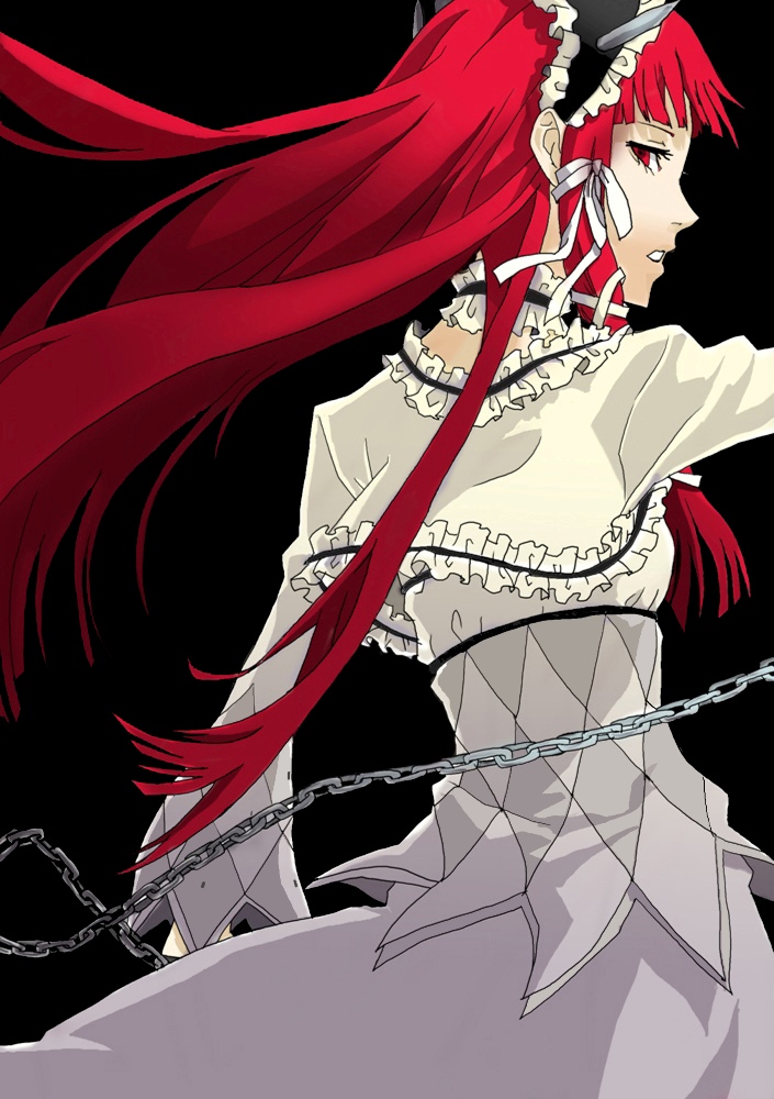 chidori (ardelica), kyo zip, kyouzip, yoshino chidori, atlus, persona, persona 3, bad id, bad pixiv id, chain, choker, gothic lolita, hairband, headband, lolita fashion, long hair, looking back, profile, red eyes, red hair, solo