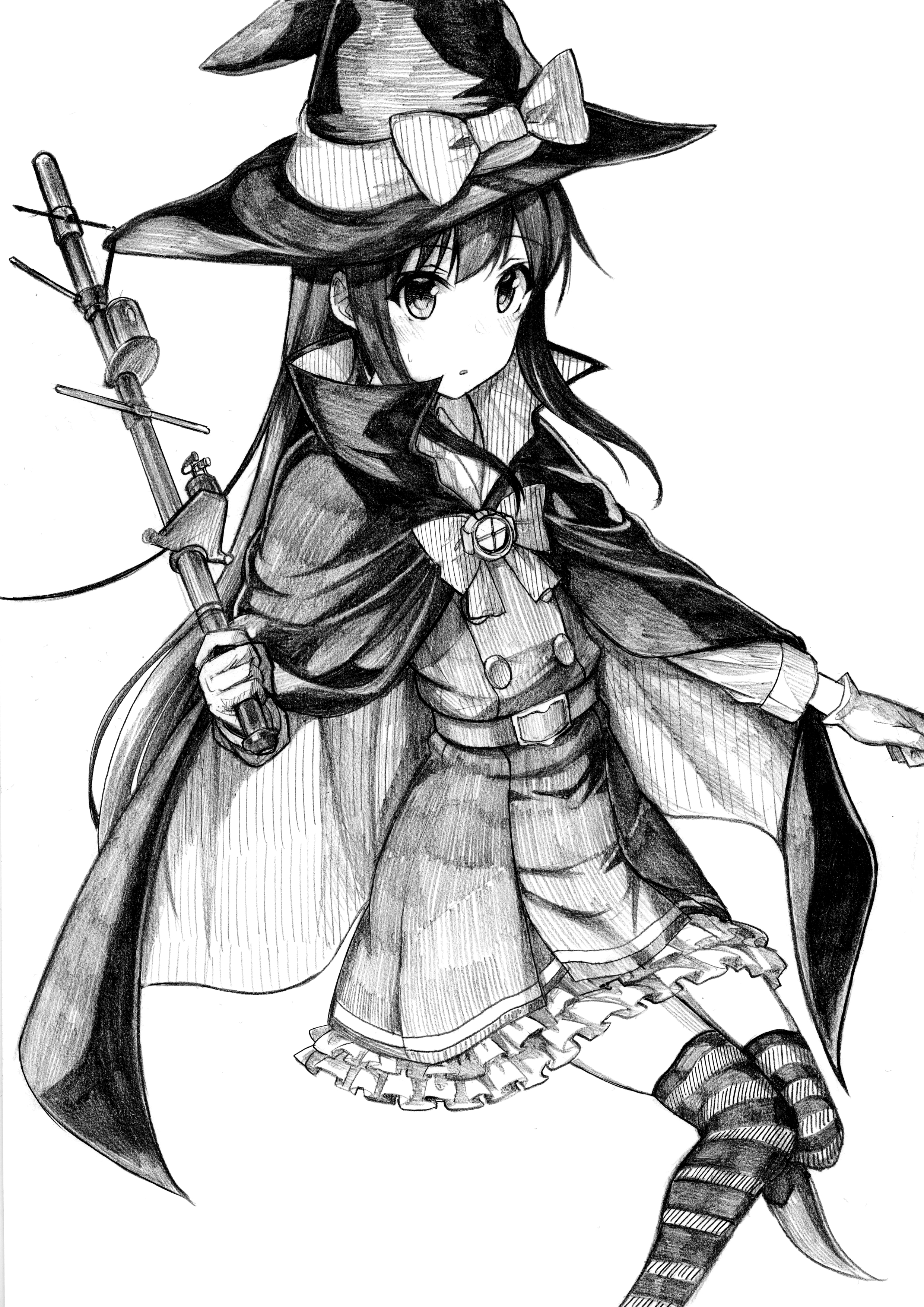 tsuji kazuho, asashio (halloween) (kancolle), asashio (kancolle), asashio kai ni (kancolle), kantai collection, absurdres, highres, 1girl, bow, bowtie, cape, dress, feet out of frame, frilled dress, frills, greyscale, hat, monochrome, official alternate costume, pinafore dress, scepter, sleeveless, sleeveless dress, solo, striped clothes, striped thighhighs, thighhighs, witch hat